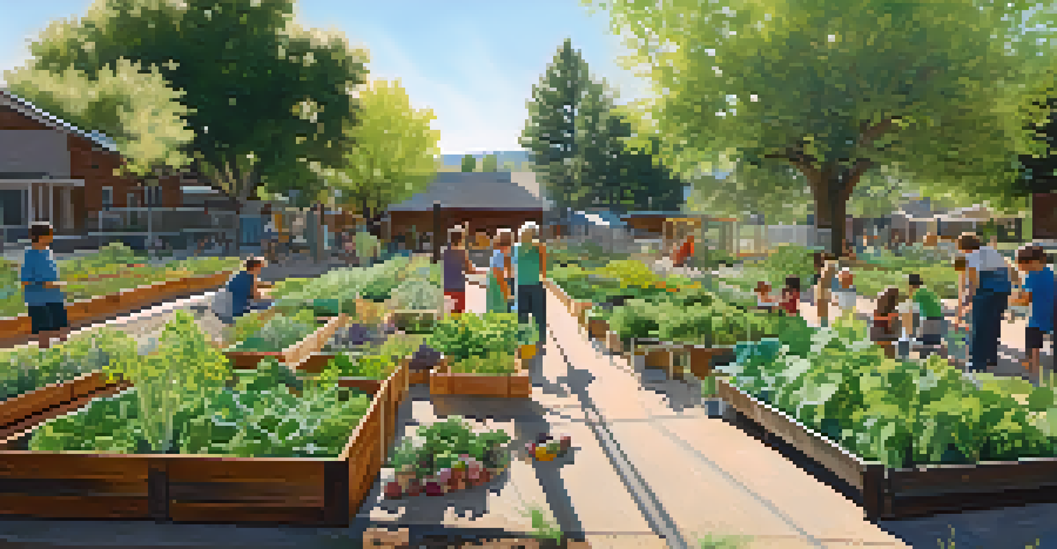 A community garden in Boulder with residents of all ages gardening together.