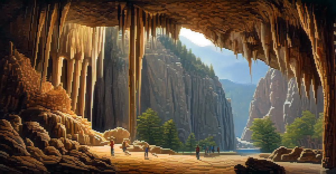 A vast underground cave with beautiful stalactites and stalagmites, softly illuminated, creating an enchanting atmosphere.