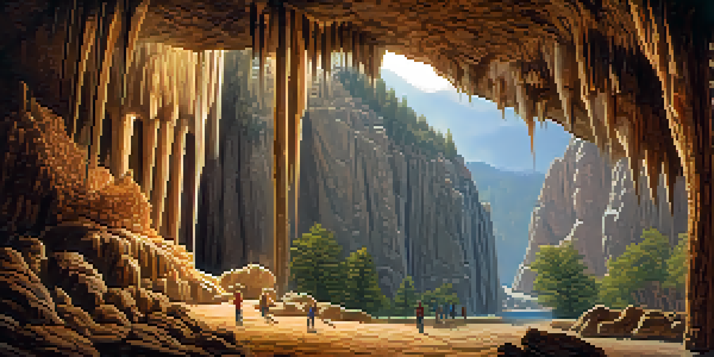 A vast underground cave with beautiful stalactites and stalagmites, softly illuminated, creating an enchanting atmosphere.