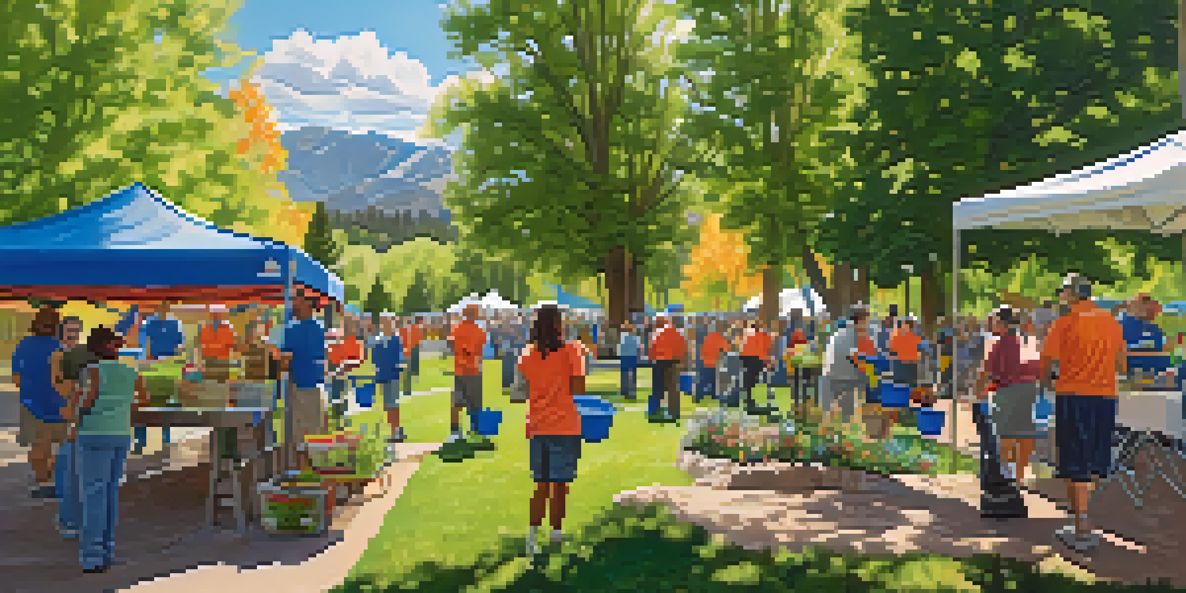 A group of volunteers participating in a community cleanup in a park, surrounded by trees and mountains, with colorful banners and a sunny sky.