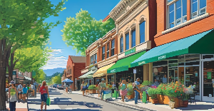 A lively Boulder street with eco-friendly businesses, solar panels, and people using reusable bags in a green environment.
