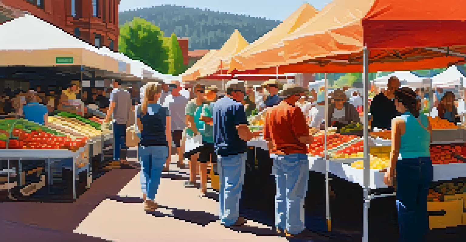 An outdoor farmers market with stalls of fresh produce and artisanal goods, people browsing, and a vendor preparing grilled veggies.