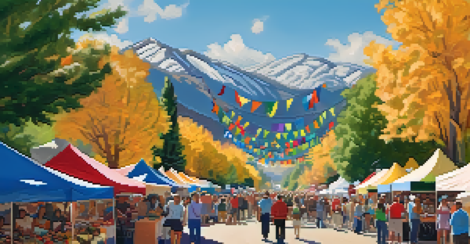 A lively arts and crafts festival in Boulder, with artisans and a crowd enjoying handmade products and colorful decorations.