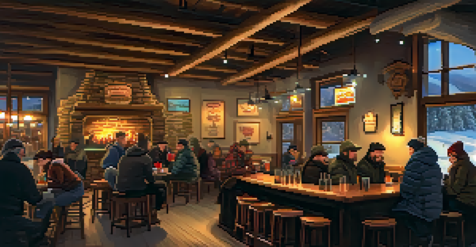 An inviting brewery interior with patrons enjoying winter beers by a fireplace.