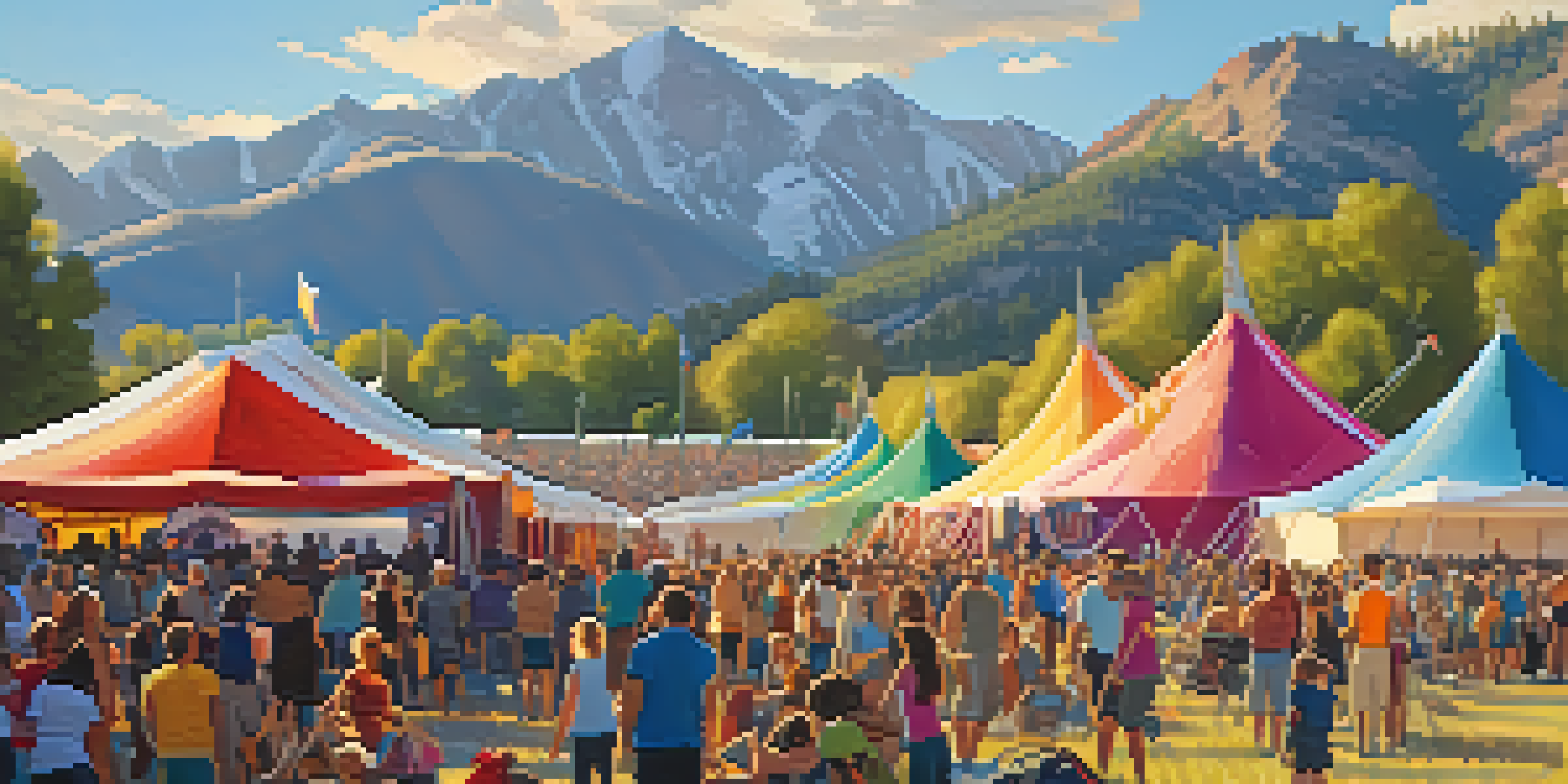 A lively outdoor music festival in Boulder, Colorado, with a diverse crowd enjoying performances, colorful tents, and the Rocky Mountains in the background.