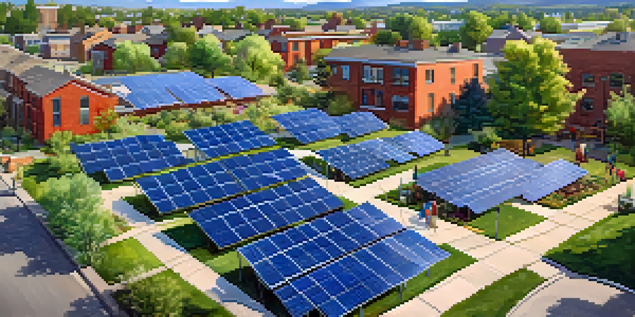 A community solar project with solar panels on rooftops and a garden in Boulder, Colorado, under a clear blue sky.