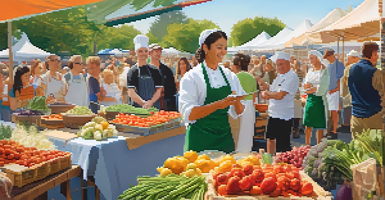 A local chef demonstrating cooking with fresh ingredients at a farmers' market, with an audience watching and colorful stalls in the background.
