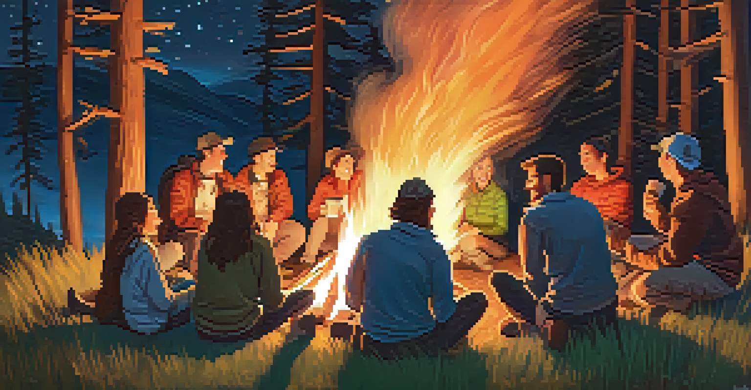 A group of people around a campfire in the mountains, enjoying each other's company under a starry sky.