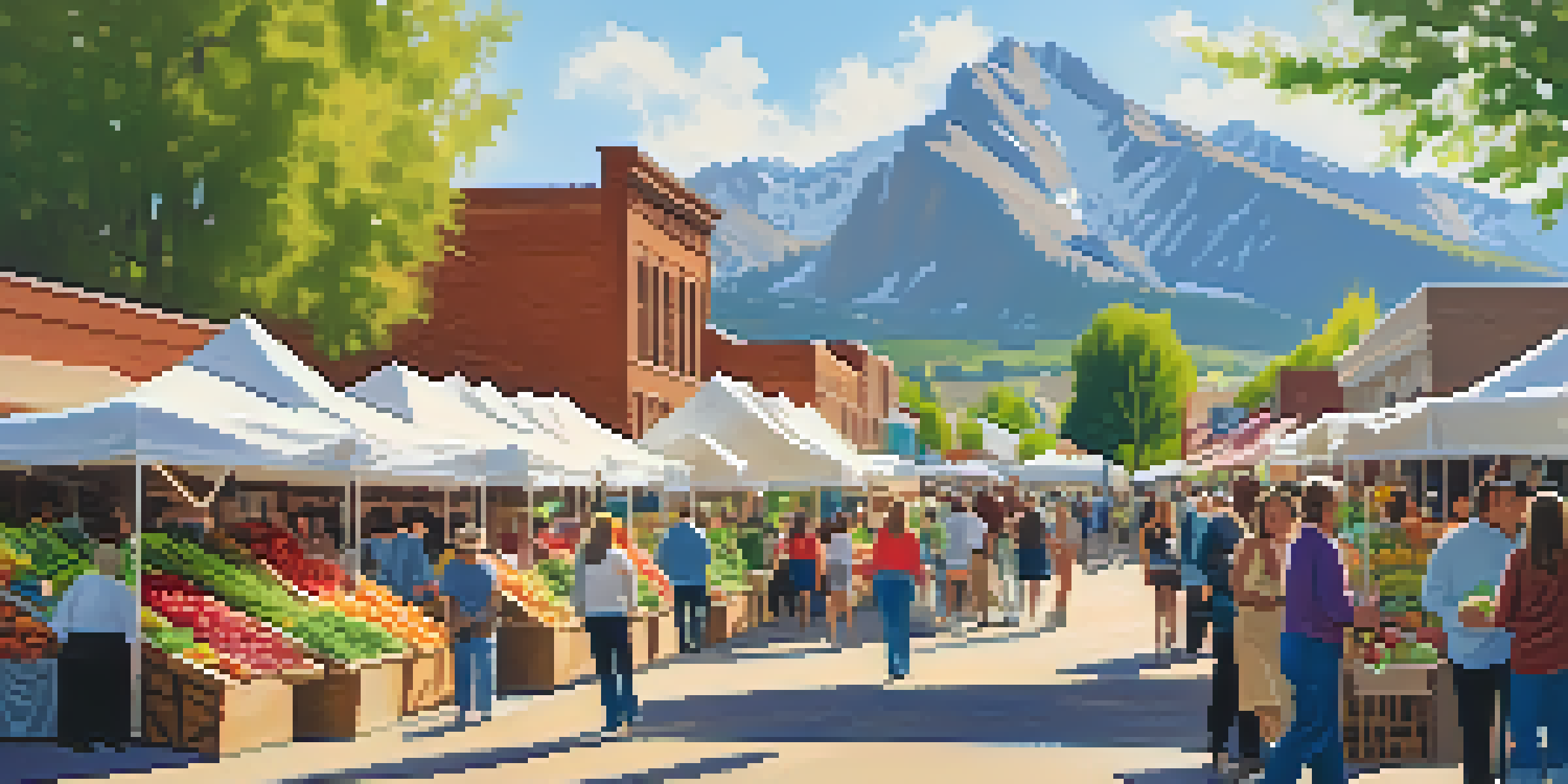 A farmer's market in Boulder with colorful stalls of fresh produce and flowers, vendors interacting with customers under sunny skies and mountains in the background.