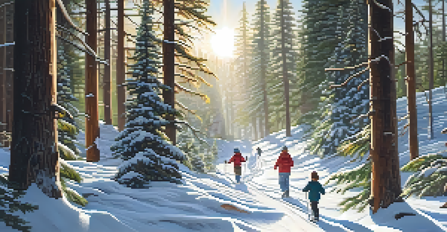 A family snowshoeing on a winter trail surrounded by tall pine trees and sunlight filtering through the snow.