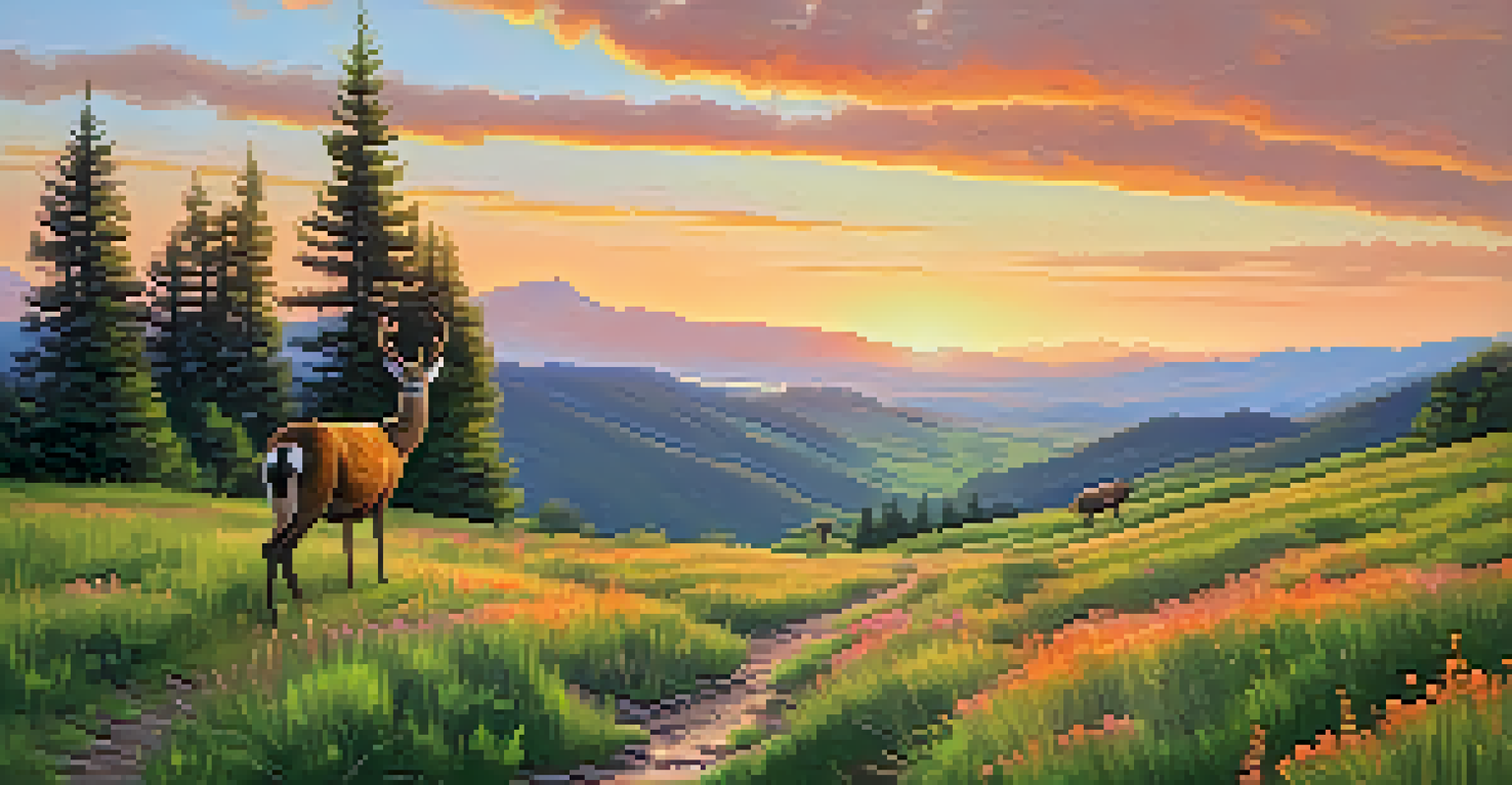 A deer grazing in the Betasso Preserve with a winding trail and colorful wildflowers under a sunset sky.