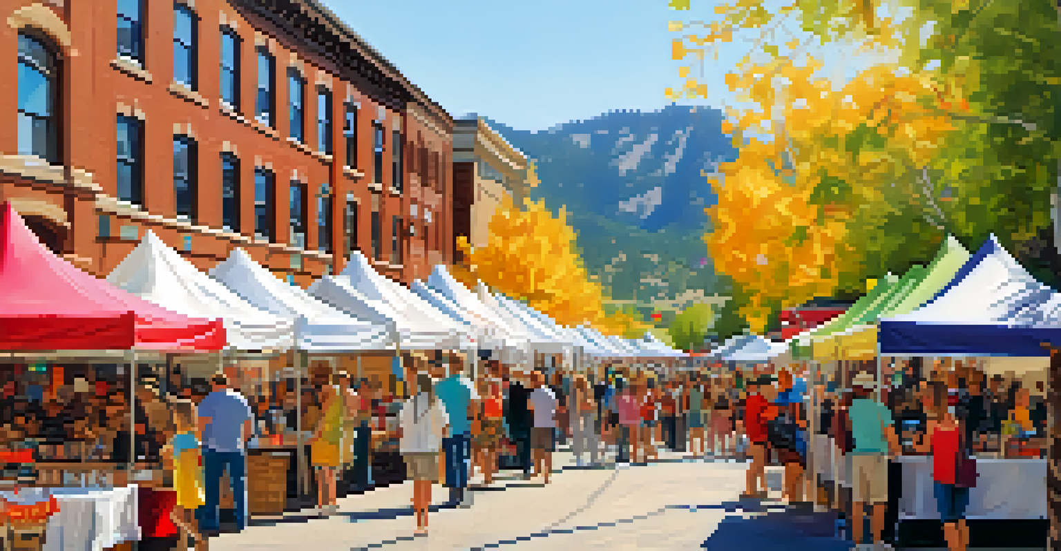 An outdoor art festival in Boulder with artists showcasing their work, colorful tents, and people enjoying the festivities.