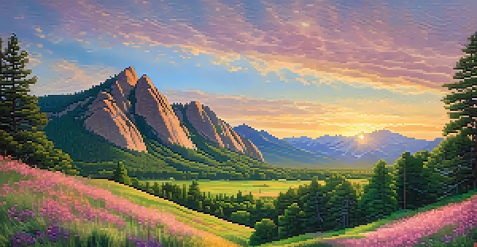 A sunrise view of the Flatirons in Boulder, Colorado, with lush green forests and wildflowers in the foreground.
