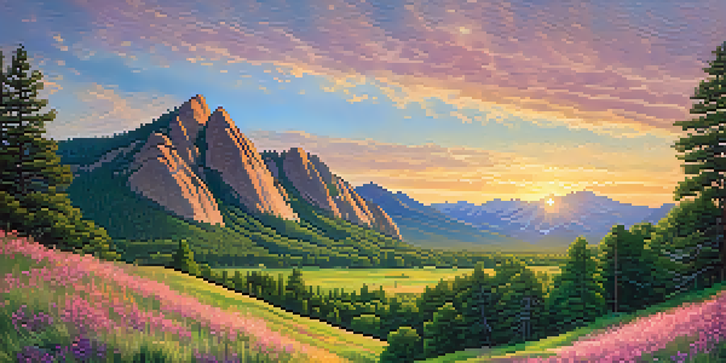 A sunrise view of the Flatirons in Boulder, Colorado, with lush green forests and wildflowers in the foreground.