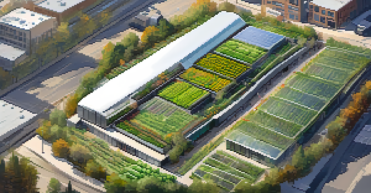 Aerial view of a vertical farm in Boulder with stacked crops, drones, and solar panels in an urban environment.