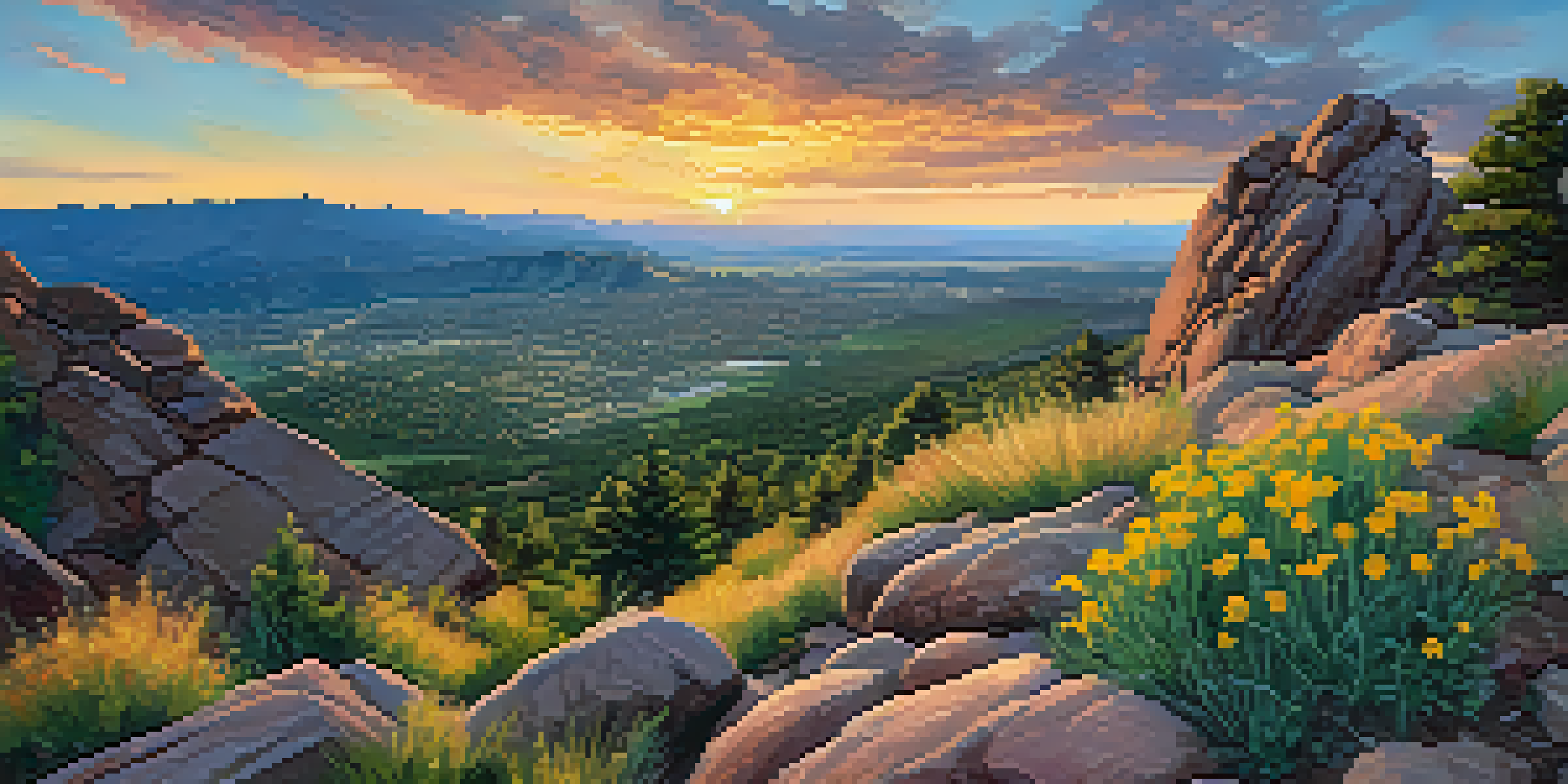 A sunset view from Mount Sanitas showing colorful skies and rugged terrain, with the Flatirons in the background.