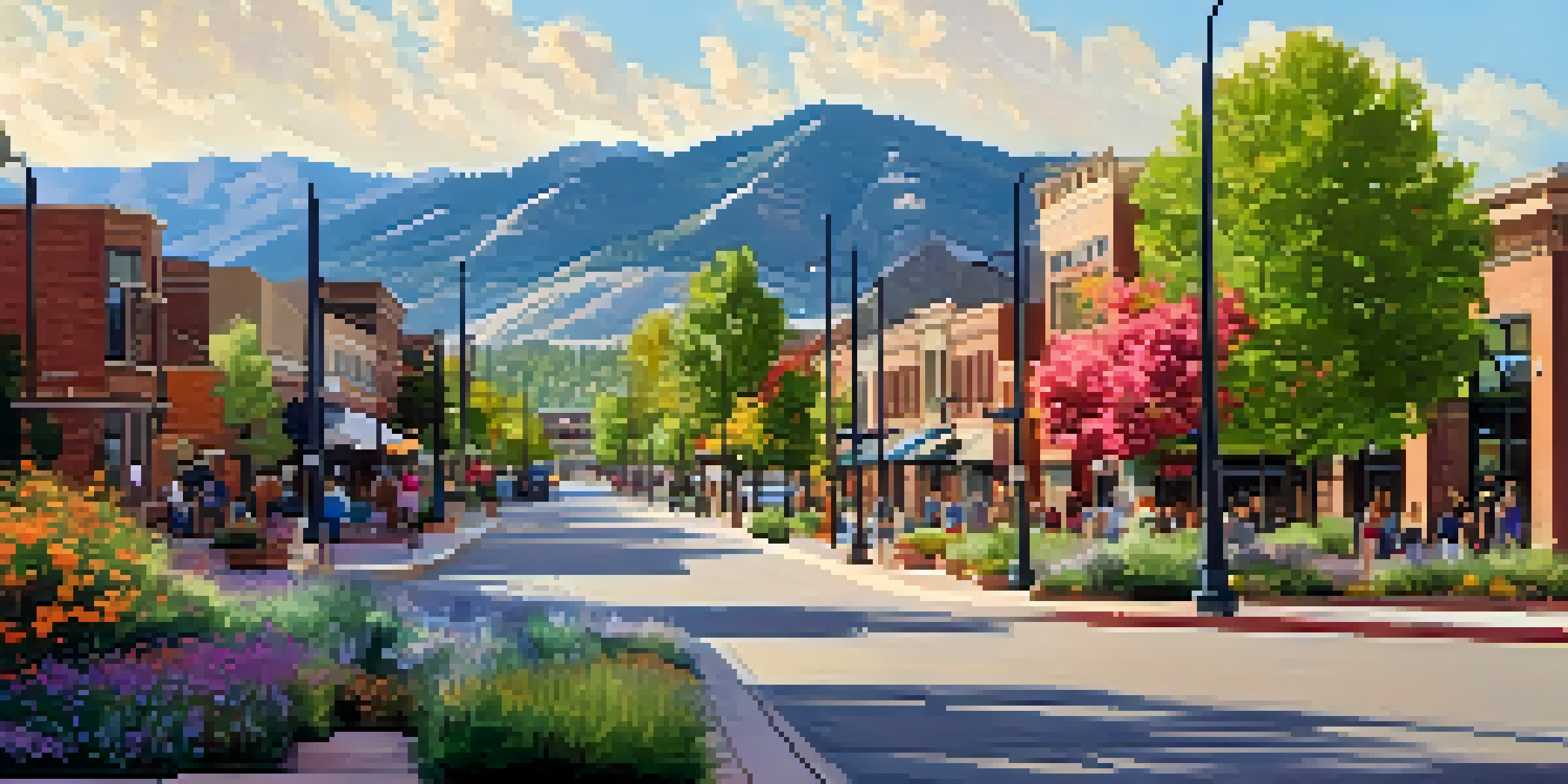 A vibrant scene of Boulder's downtown area with the Rocky Mountains in the background, filled with people, greenery, and colorful flowers.