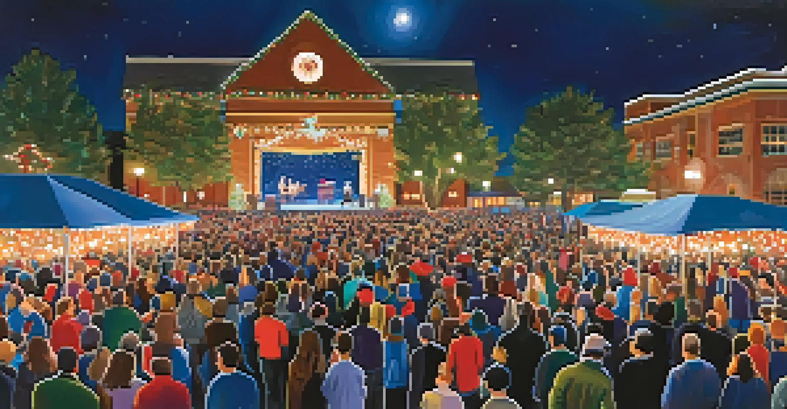 A nighttime festival scene with a main stage and a crowd enjoying live music at Boulder’s Holiday Festival.