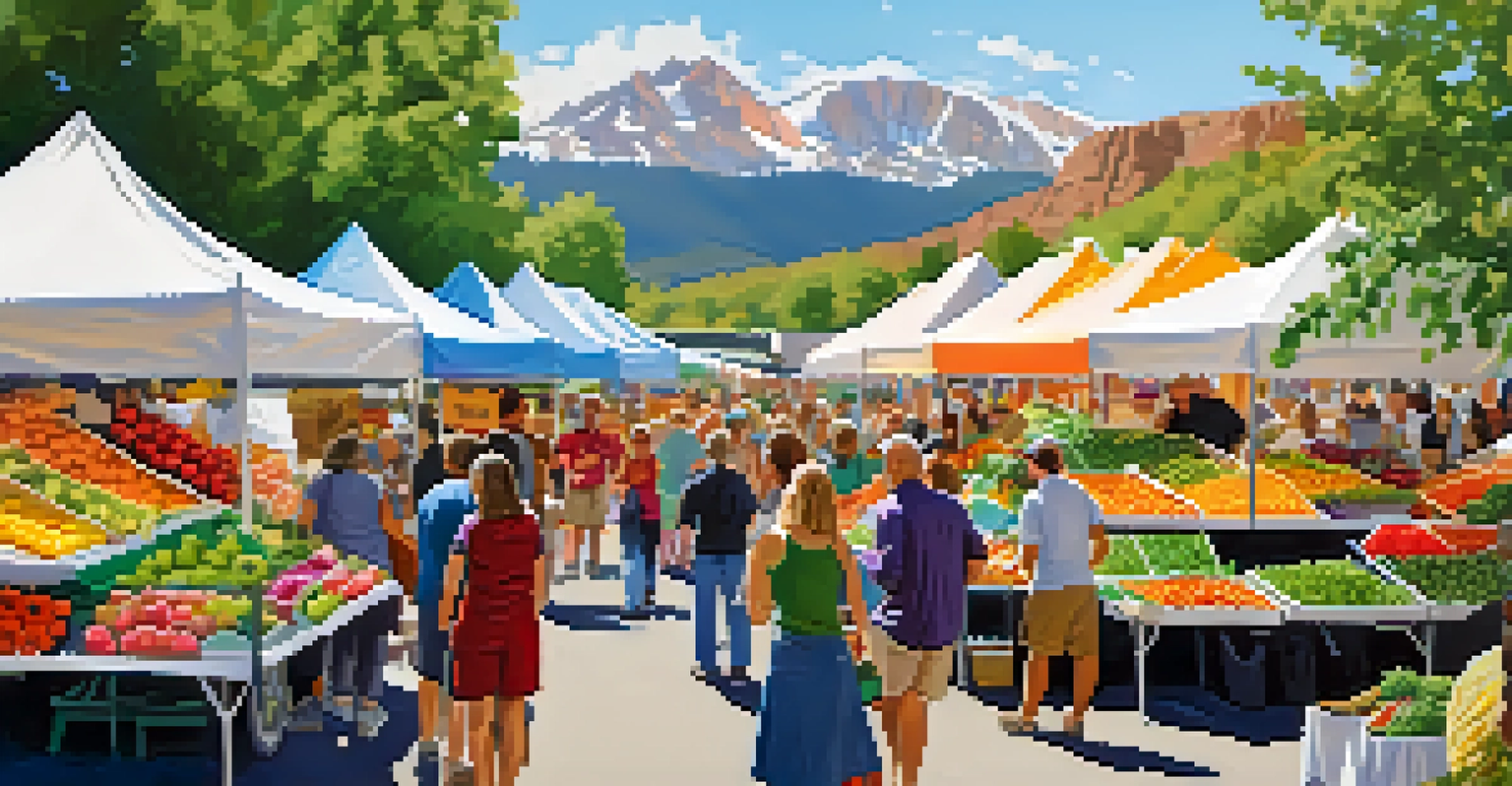 A bustling farmers market with colorful stalls and people interacting in a scenic outdoor setting.