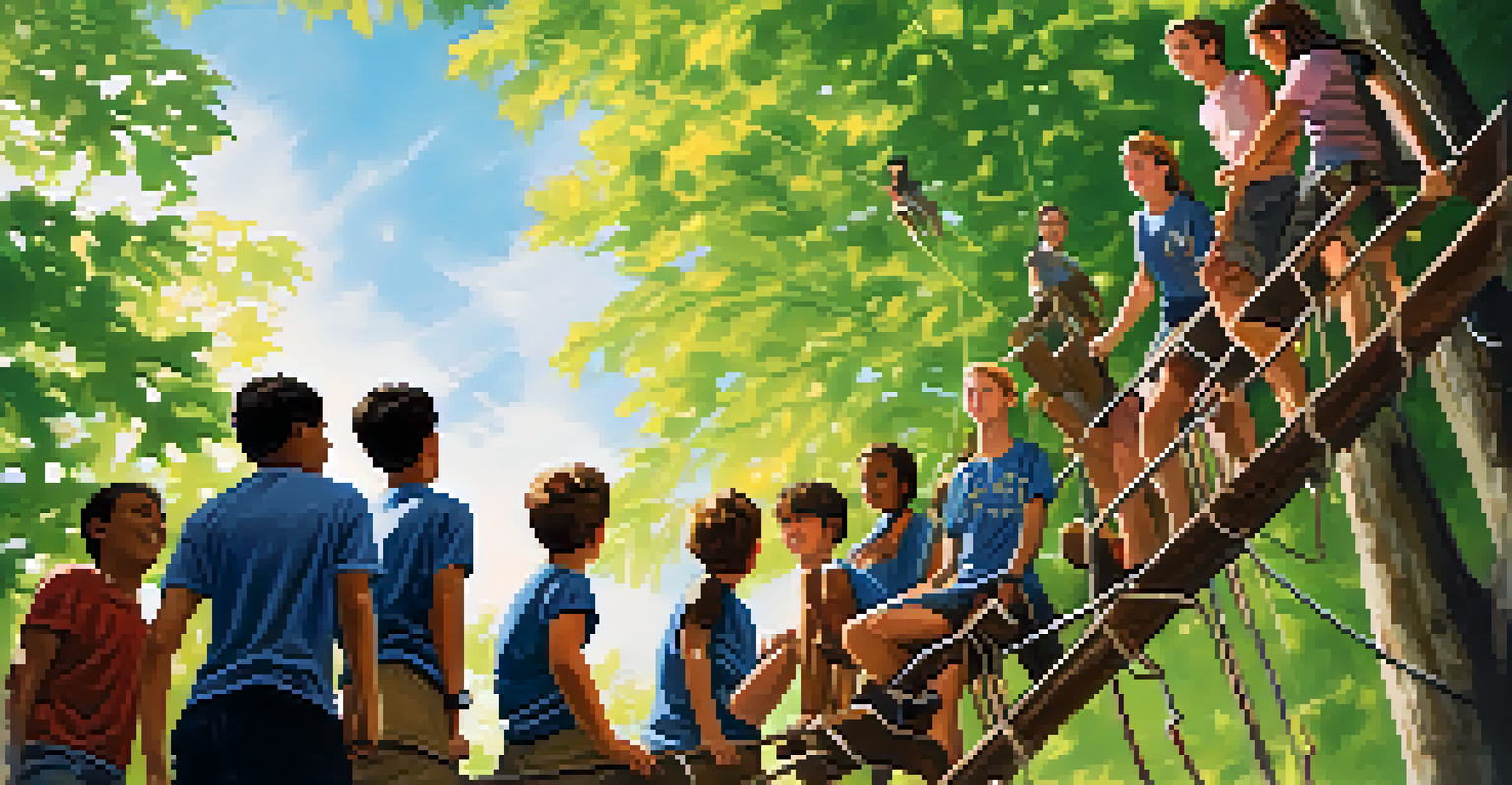 A mentor guiding a group of teenagers on a rope course in a lush forest, emphasizing collaboration and learning in an outdoor setting.