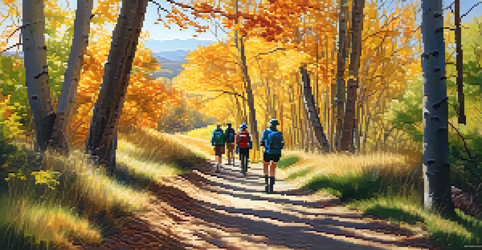 A diverse group of people hiking on a trail surrounded by colorful fall leaves and sunlight filtering through the trees.