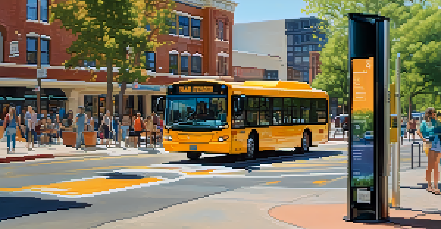 A modern bus stop in Boulder with commuters waiting and checking digital arrival information.