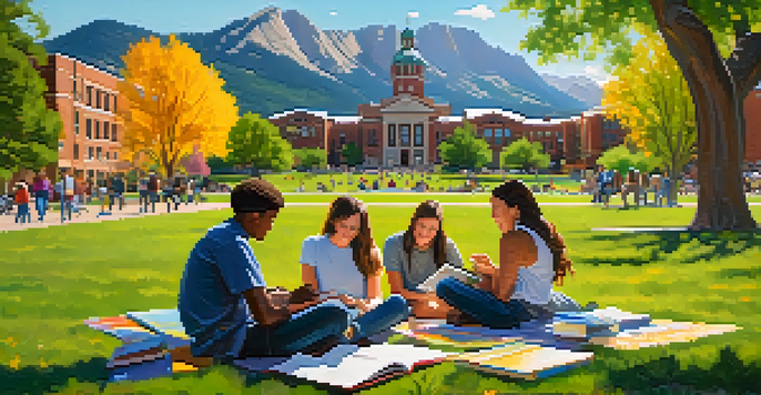 A sunny day at CU Boulder with diverse students studying on the grass, colorful flowers around, and the Flatirons mountains in the background.