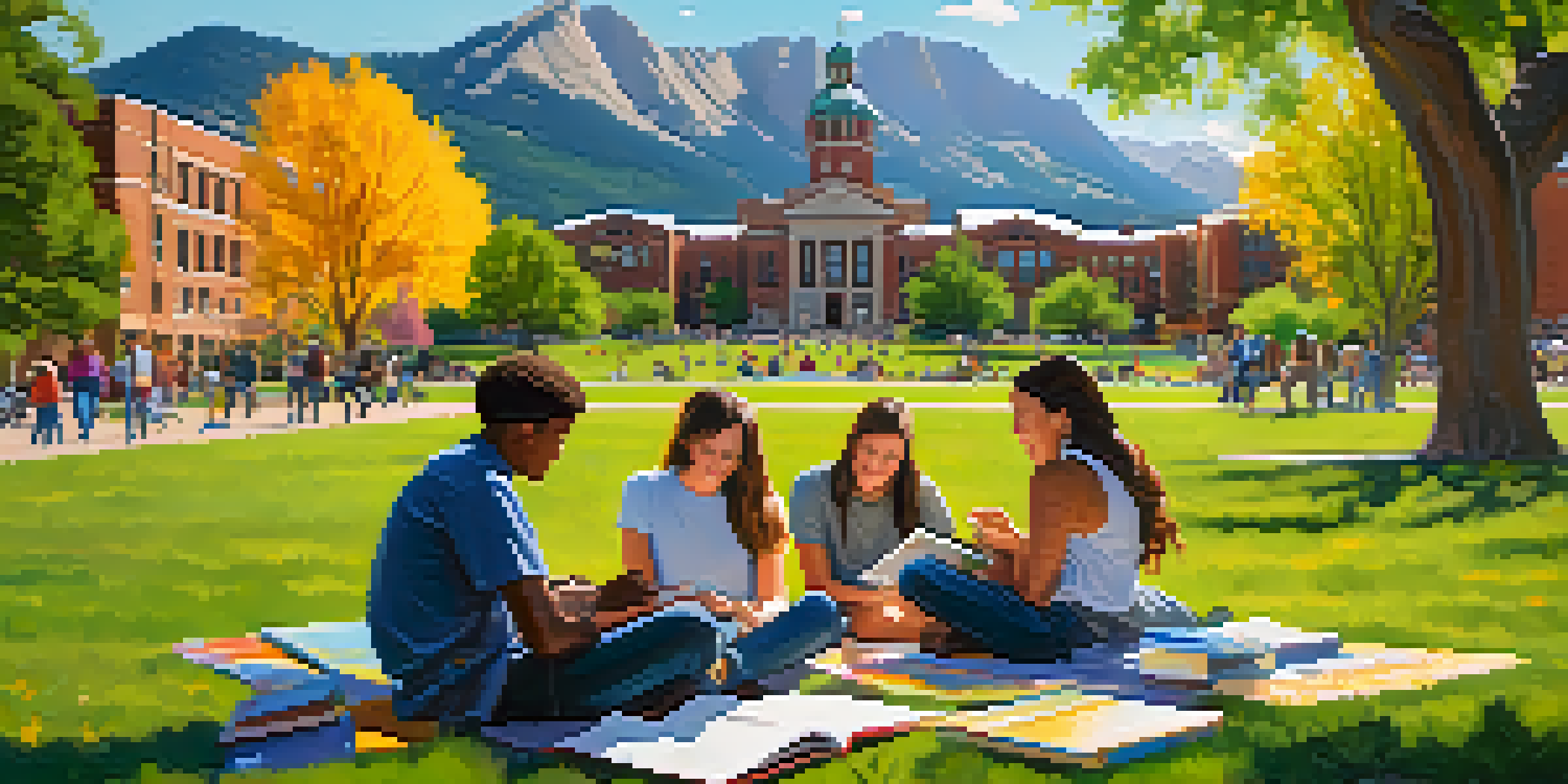 A sunny day at CU Boulder with diverse students studying on the grass, colorful flowers around, and the Flatirons mountains in the background.