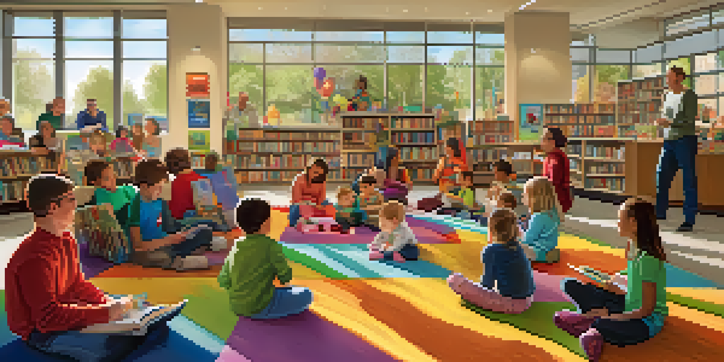 A diverse group of families enjoying a storytime event at the Boulder Public Library, with colorful decorations and sunlight streaming through the windows.