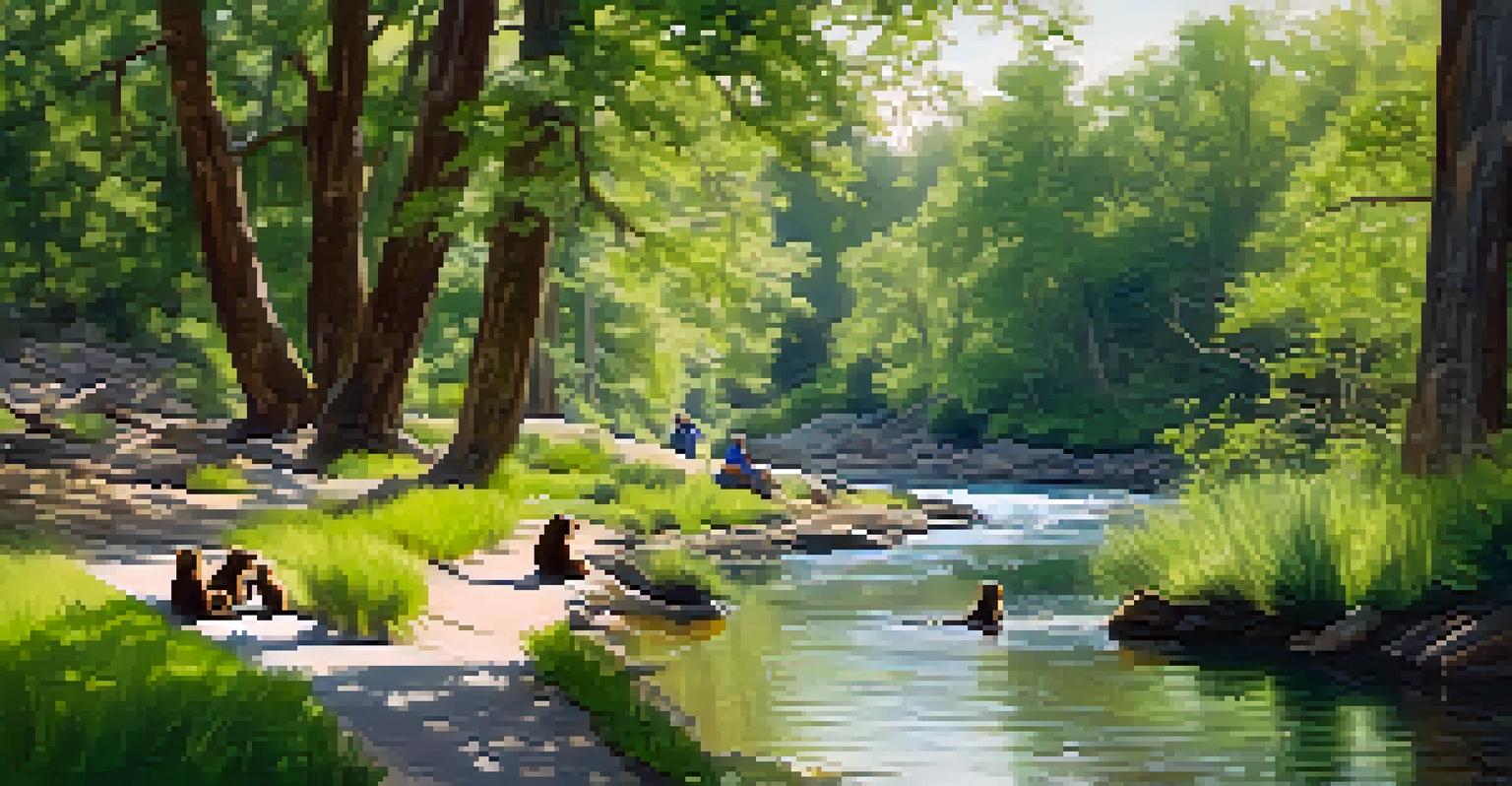 A family enjoying a picnic by Boulder Creek Path, surrounded by lush greenery and playful otters in the water.