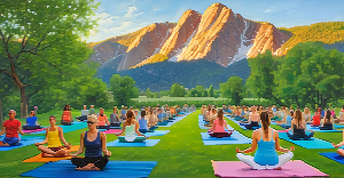 A group of individuals practicing yoga outdoors in a park, surrounded by mountains and trees, under a clear blue sky.