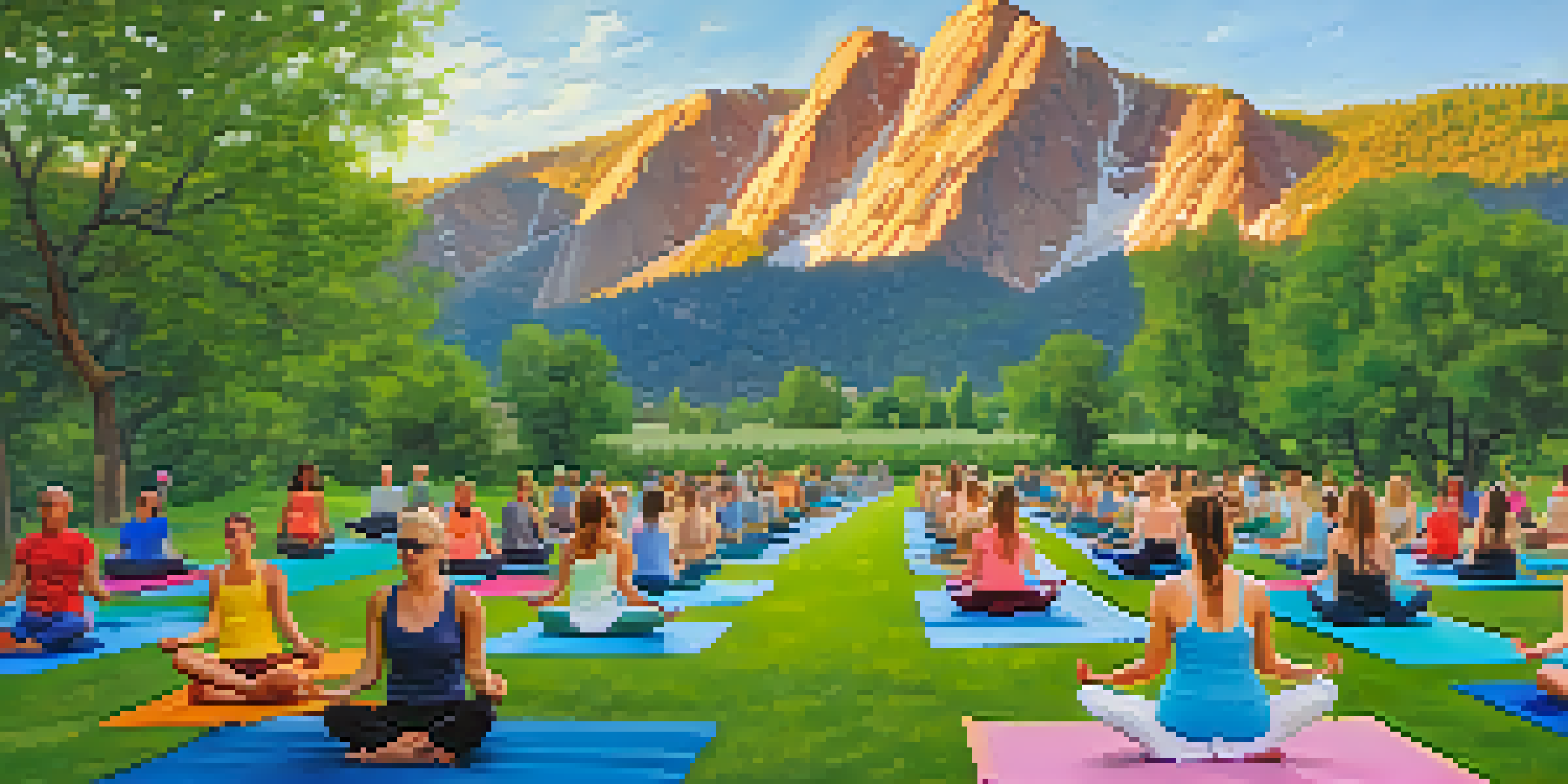 A group of individuals practicing yoga outdoors in a park, surrounded by mountains and trees, under a clear blue sky.