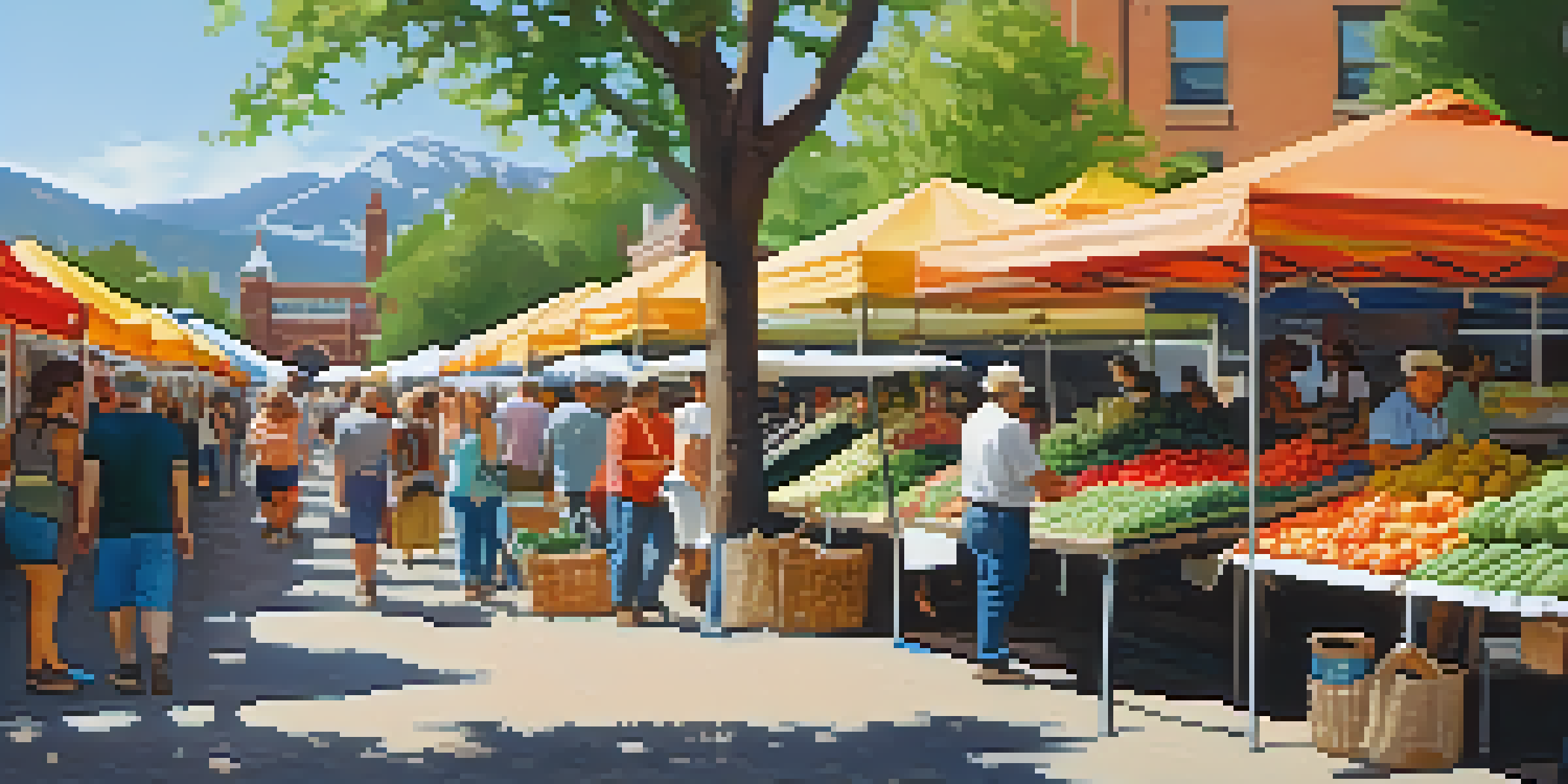 A lively farmers market filled with fresh produce, artisanal crafts, and people interacting, with the Rocky Mountains in the background.