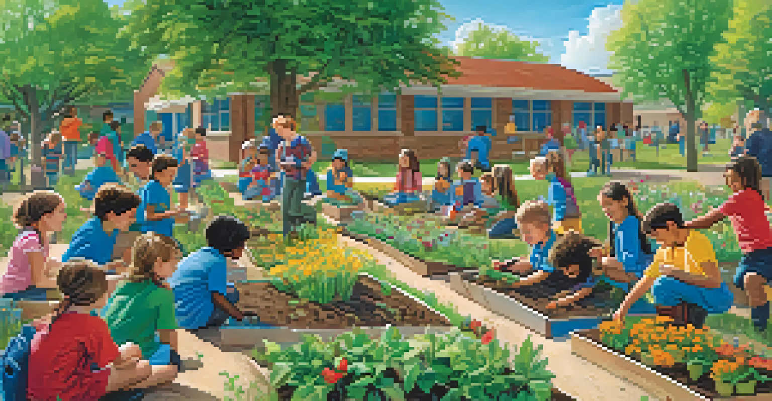 Children in a school garden learning about sustainability, planting seeds and surrounded by colorful flowers.