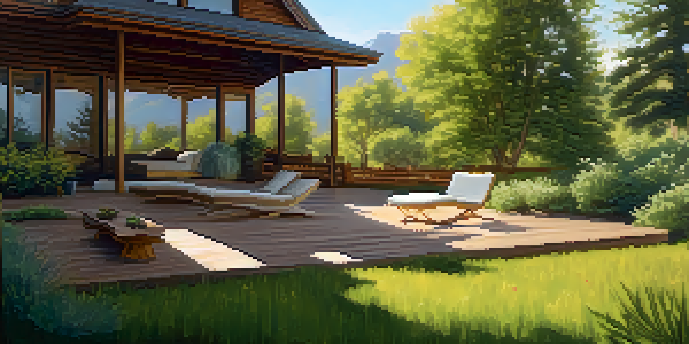 A peaceful outdoor meditation space at a mindfulness retreat, with yoga mats and Rocky Mountains in the background, illuminated by soft sunlight.