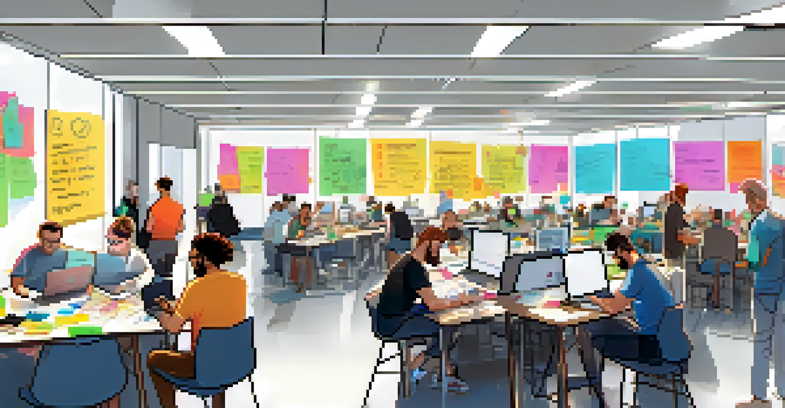 A dynamic hackathon scene with teams of tech enthusiasts collaborating over laptops in an open space.