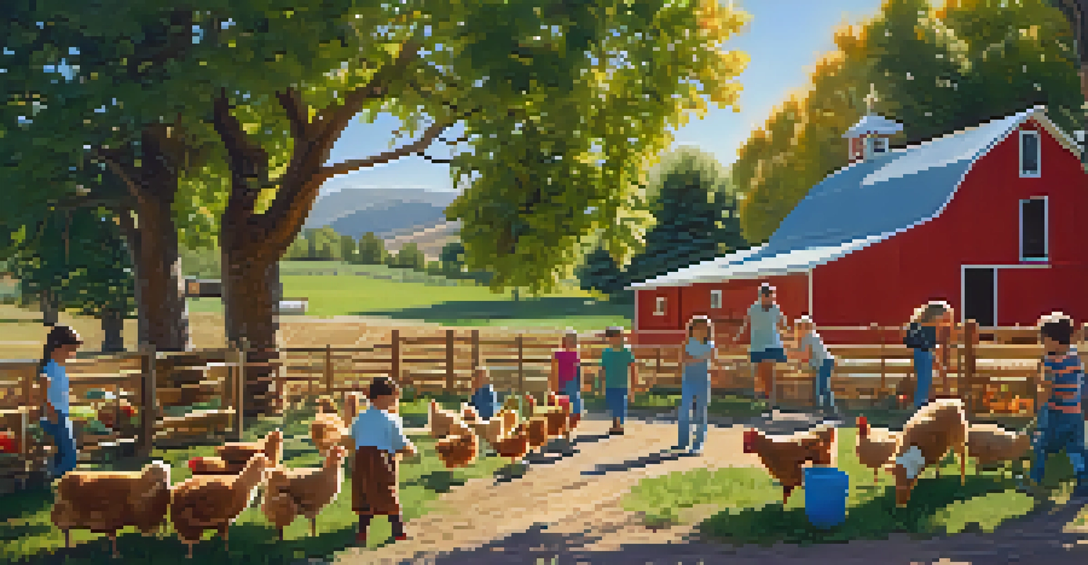 Children interacting with farm animals at a local farm, with a barn and colorful vegetables in the background.
