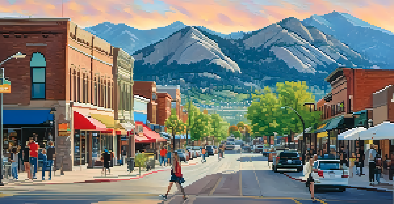 A panoramic view of downtown Boulder, featuring local shops and a diverse community with the Flatirons mountains in the background.
