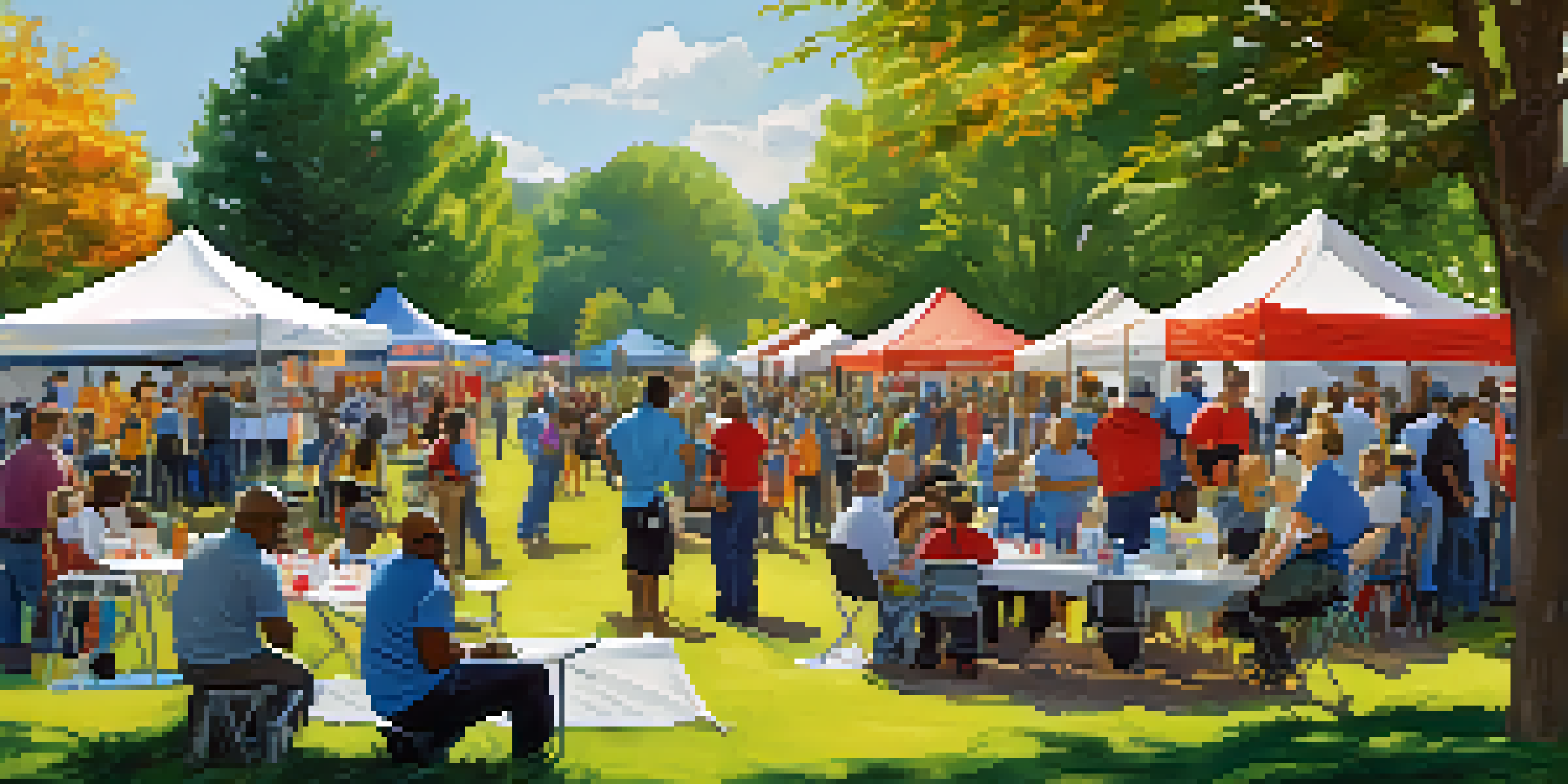 A lively community safety fair in a park with people participating in emergency training activities.