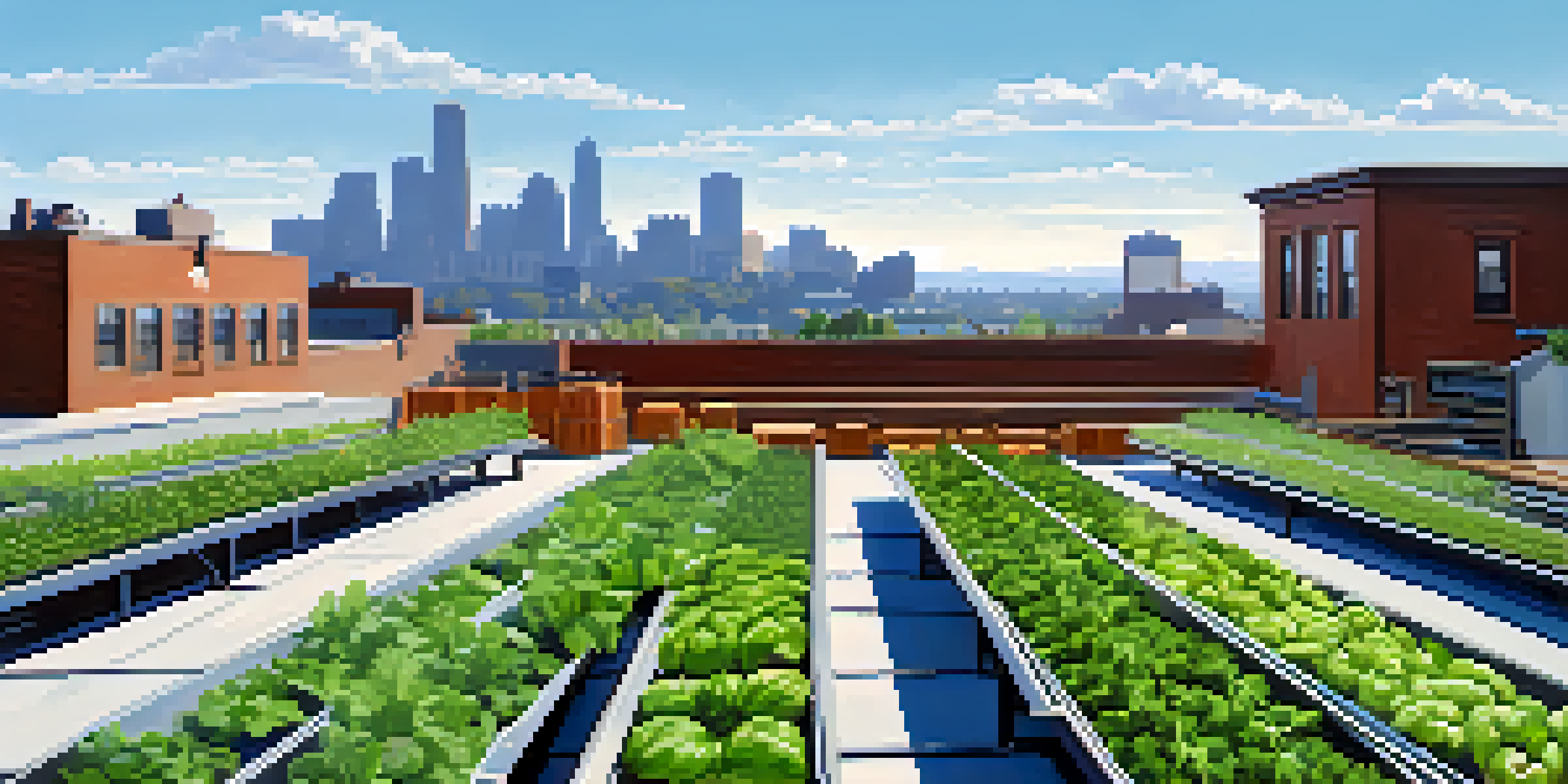 A rooftop farm in Boulder with leafy greens and herbs, local chefs picking produce, and a city skyline in the background.