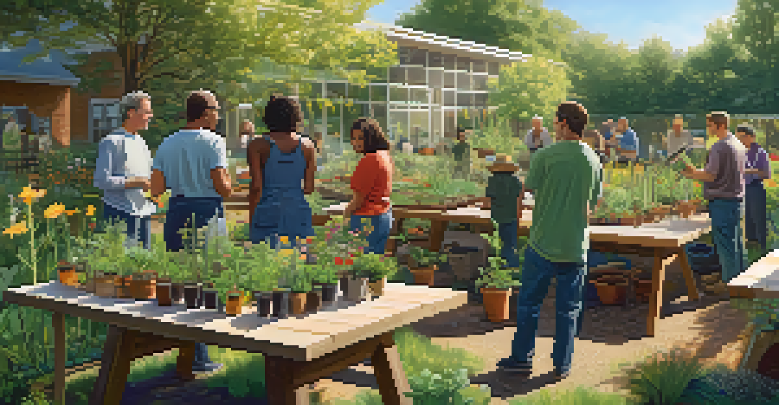 A workshop in a community garden with participants learning about native plants and sustainable gardening practices, surrounded by tools and greenery.