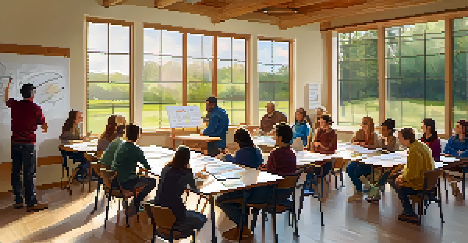 An educational workshop in a community center with adults discussing sustainability practices around a table.