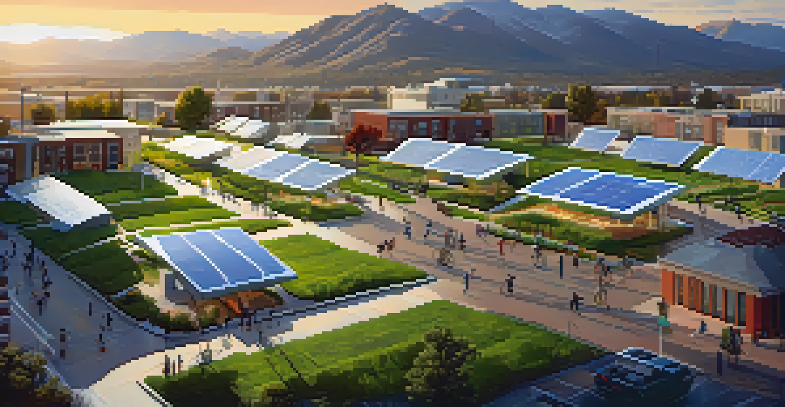 A futuristic cityscape of Boulder with renewable energy features, including solar panels, wind turbines, and green buildings.