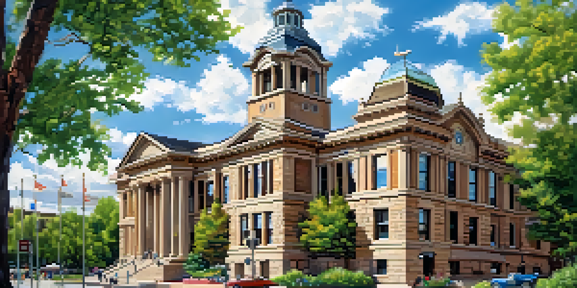 A beautiful view of the Boulder County Courthouse, featuring its clock tower and detailed architecture, surrounded by greenery and people enjoying the day.