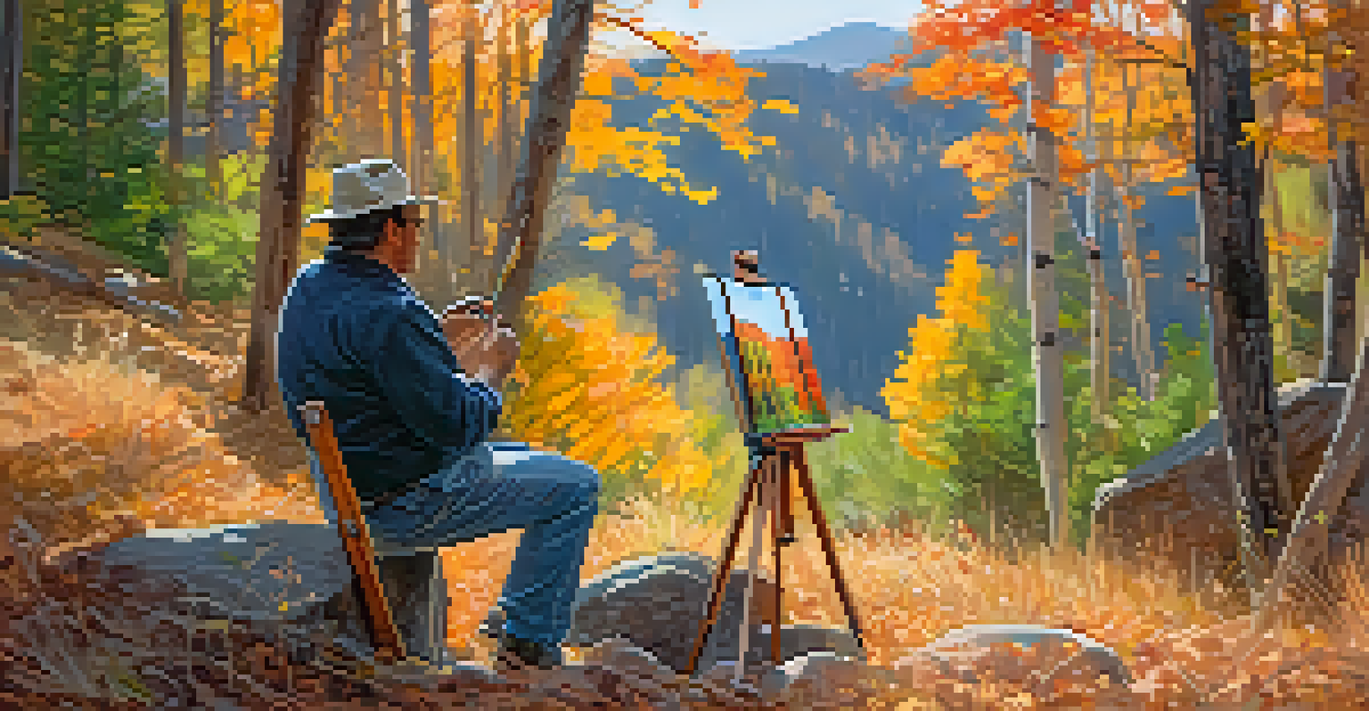 An artist painting a forest scene outdoors in Boulder during autumn.