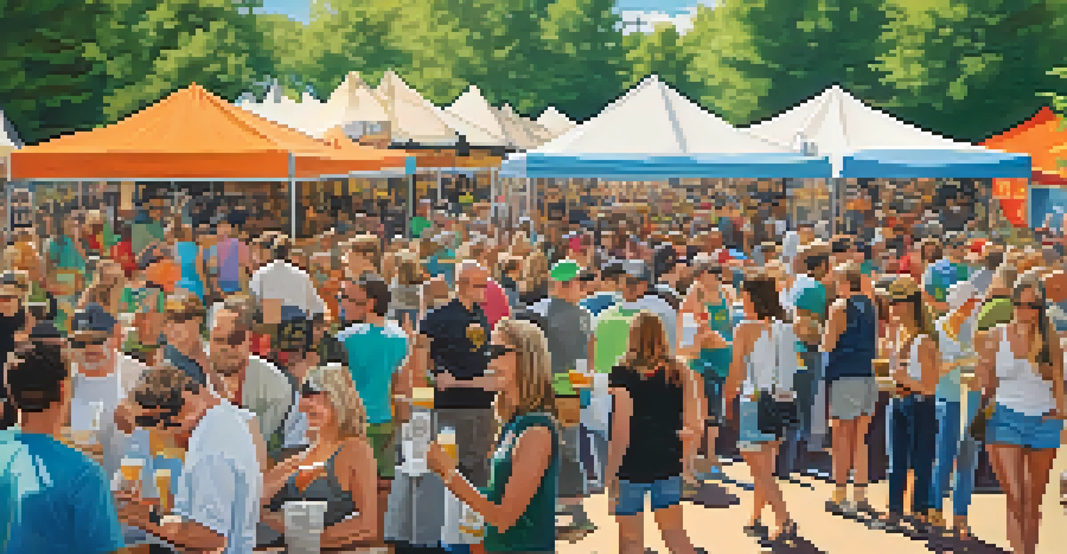 A lively craft beer festival scene with people sampling beers and food trucks, surrounded by greenery.