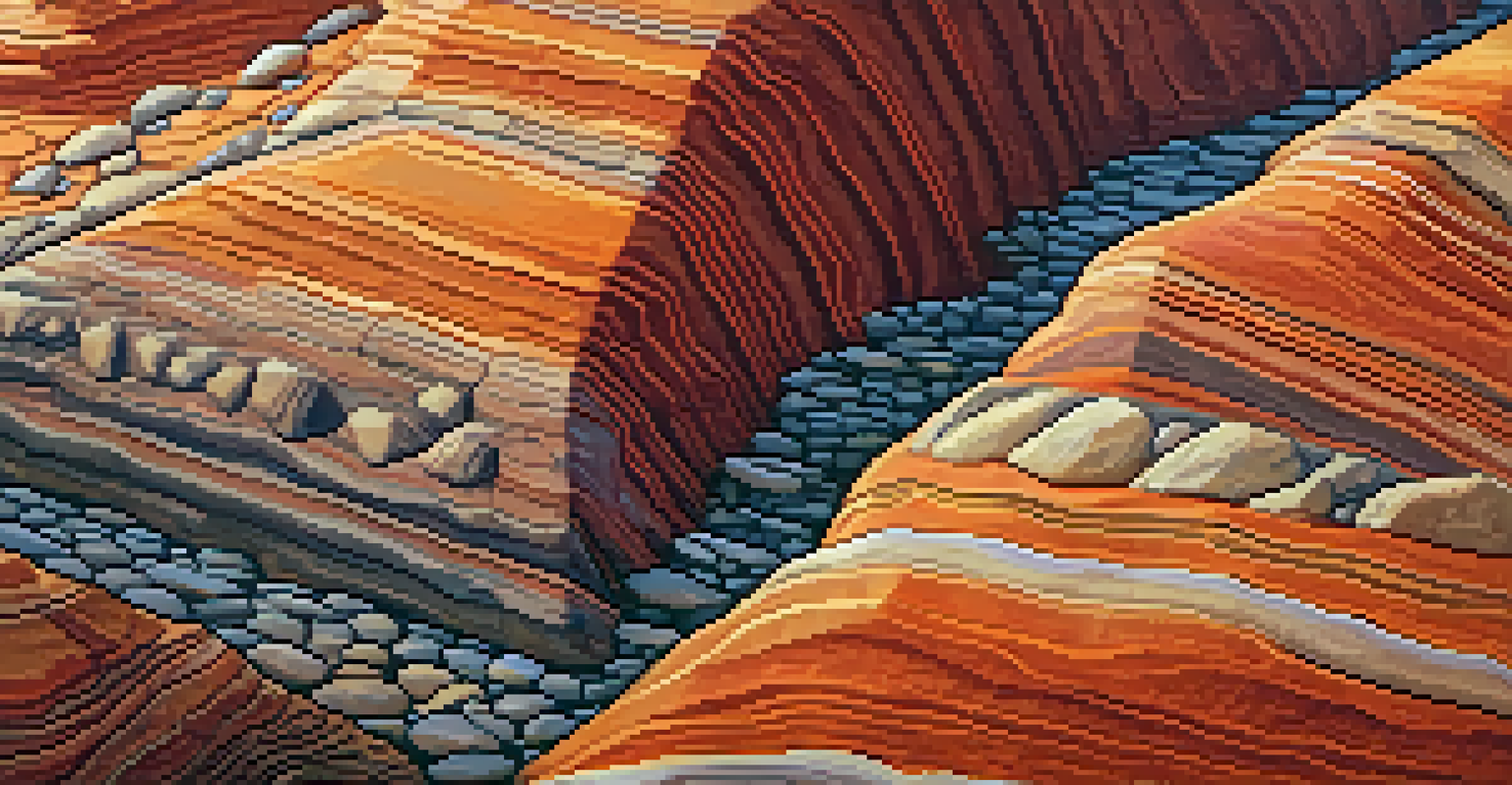 A close-up of sedimentary rock layers in Boulder, showing rich colors and textures with a small plant growing.