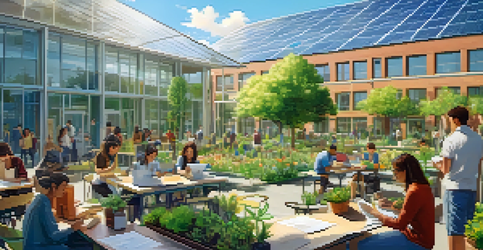 A lively university campus with students collaborating on sustainability projects, surrounded by greenery and modern buildings.