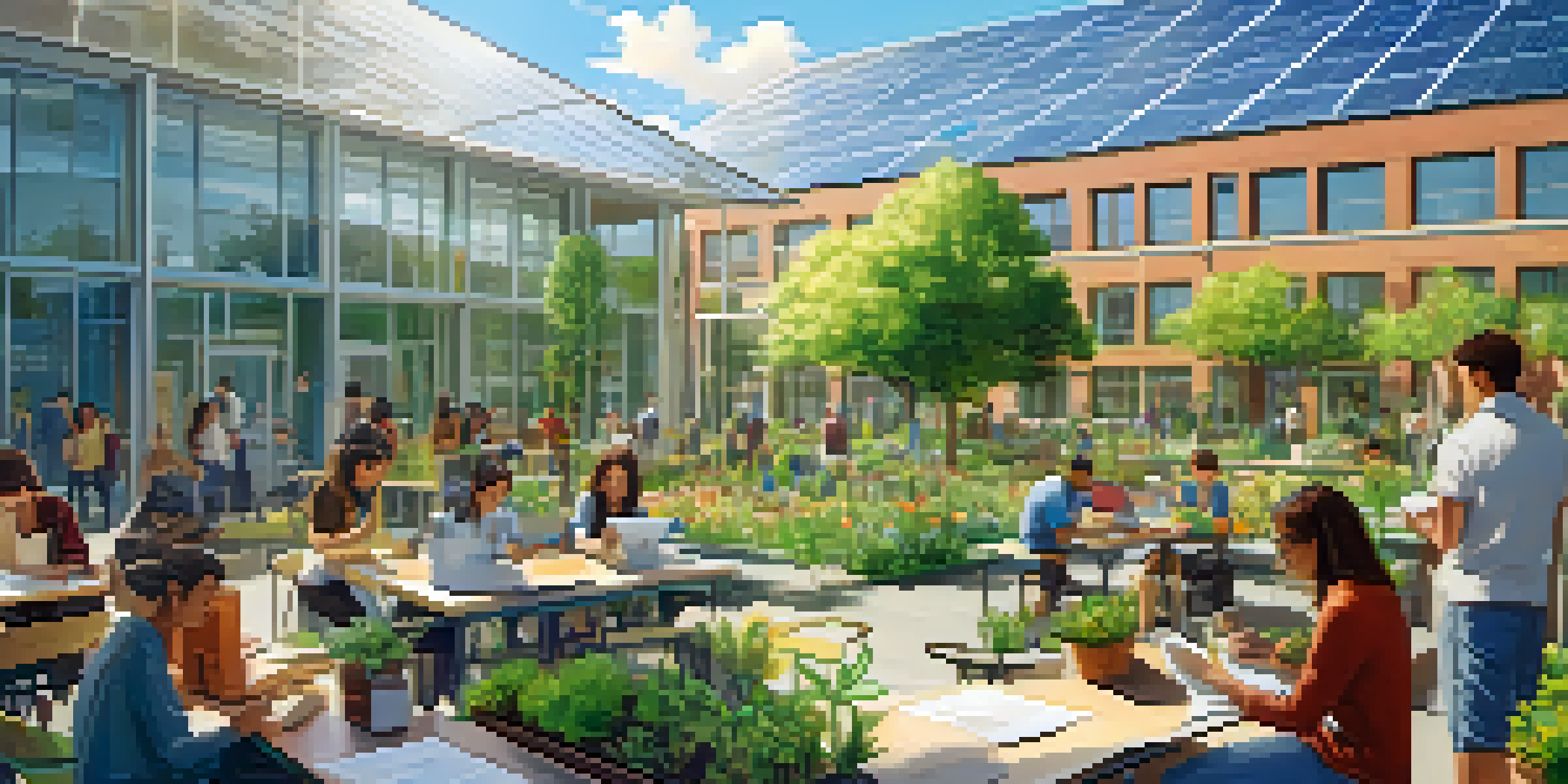 A lively university campus with students collaborating on sustainability projects, surrounded by greenery and modern buildings.