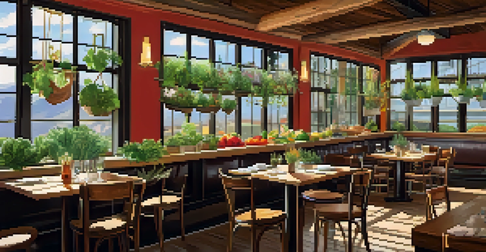 A cozy restaurant interior in Boulder with wooden tables and colorful vegetable dishes, sunlight pouring through large windows, and potted herbs decor.